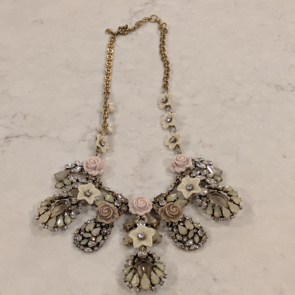 J. Crew Floral Necklace in Cream Pink Clear Crystal with Gold Tone Chain